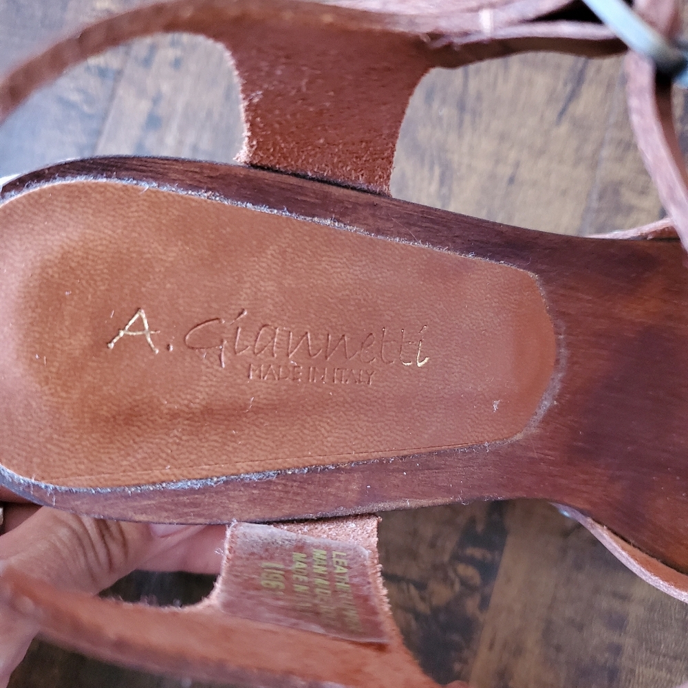 A. Giannetti Tan Leather Ankle Strap Wood Platform Clog Sandals 7M US - Picture 2 of 7